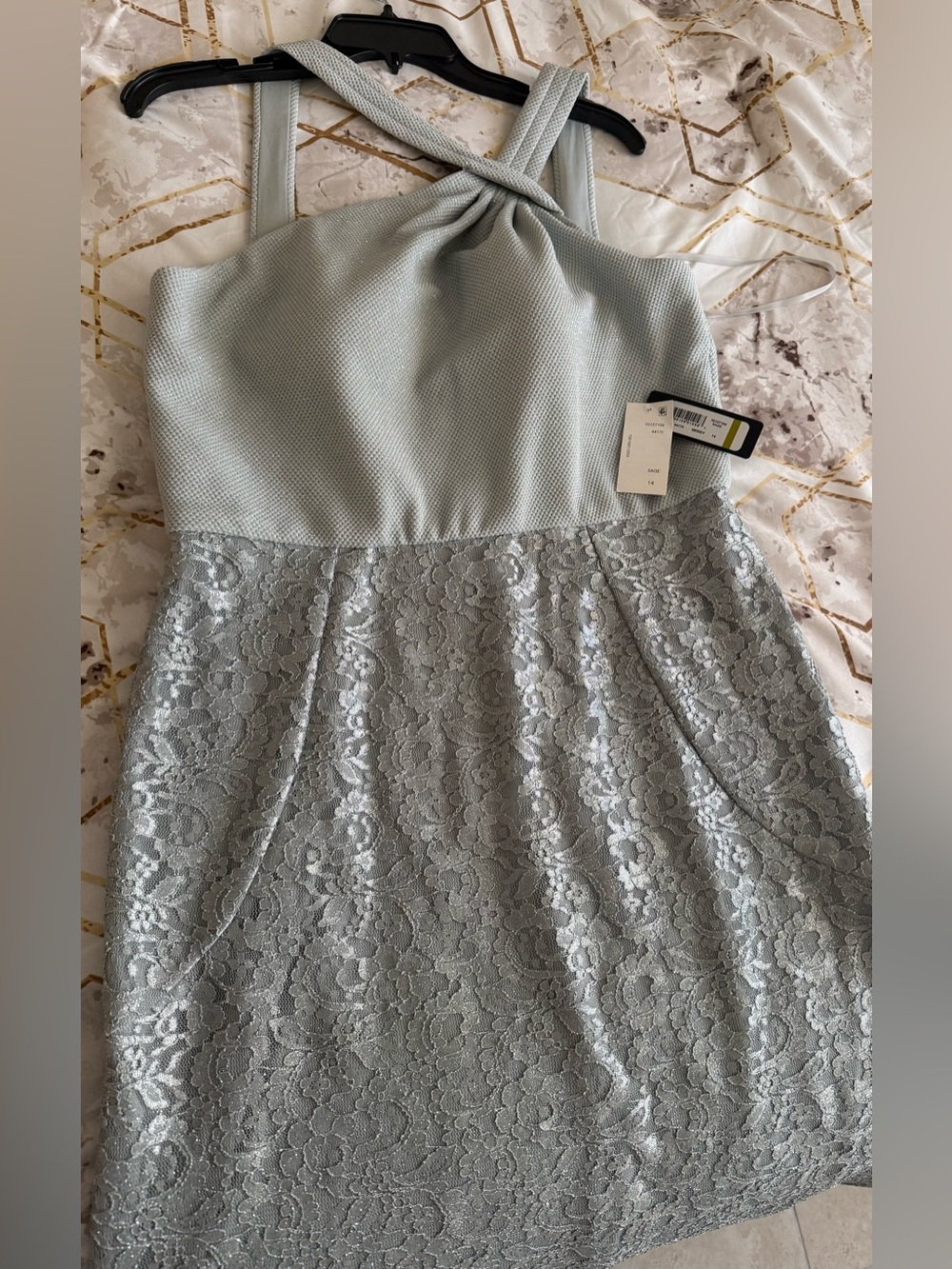 Ignite Evening Lace Twist-Neck Sleeveless Maxi Dress in Pale Sage